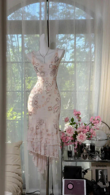 Ivory Exquisite Sheath Spaghetti Strap Floral Beaded Chiffon Homecoming Dress Cocktail Dress HZ1023